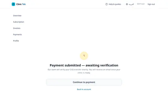 Clinic Tek — Customer portal — Checkout payment