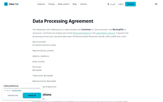 Clinic Tek — Marketing site — Legal — Data processing